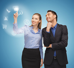 Image showing man and woman working with virtual screen