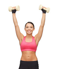 Image showing young sporty woman with light dumbbells