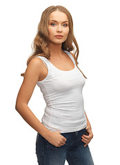 Image showing calm and serious woman in blank white t-shirt