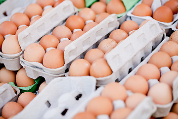 Image showing group of eggs in carton box closeup market outdoor