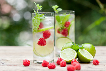 Image showing fresh cold drink water ice cubes peppermint lime raspberry