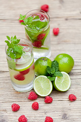 Image showing fresh cold drink water ice cubes peppermint lime raspberry