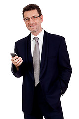 Image showing adult businessman with smartphone mobilephone isolated