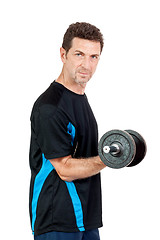 Image showing adult attractive man with iron dumbbell isolated