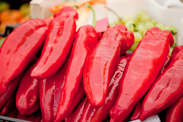 Image showing fresh healthy red yellow geen paprika pepper macro closeup