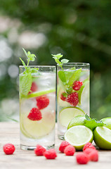 Image showing fresh cold drink water ice cubes peppermint lime raspberry