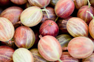 Image showing fresh tasty gooseberries macro closeup on market outdoor