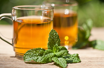 Image showing herbal peppermint tea closeup macro outdoor summer