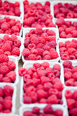 Image showing fresh tasty pink raspberry closeup macro on market outdoor