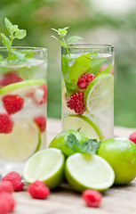 Image showing fresh cold drink water ice cubes peppermint lime raspberry