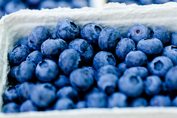 Image showing healthy fresh blueberries macro closeup on market outdoor