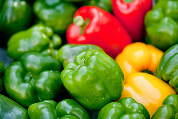 Image showing fresh healthy red yellow geen paprika pepper macro closeup