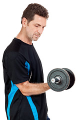 Image showing adult attractive man with iron dumbbell isolated