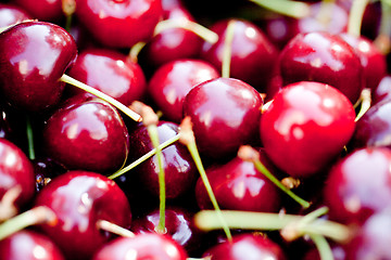 Image showing sweet red cherry closeup macro on market outdoor