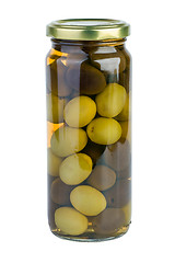 Image showing Glass jar with green and black olives