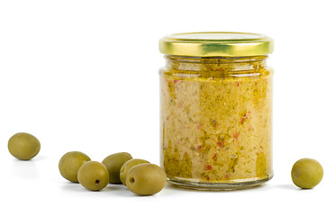 Image showing Glass jar with olive spread