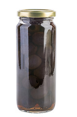 Image showing Glass jar with black olives