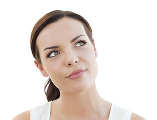 Image showing Pensive Young Adult Woman Looking Up on White