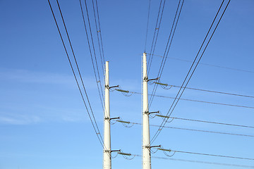 Image showing Two white electricity pylons and stretching wires
