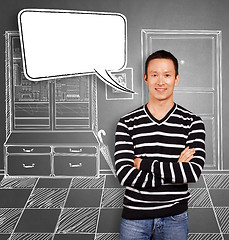 Image showing Asian Man In Striped with Speech Bubble