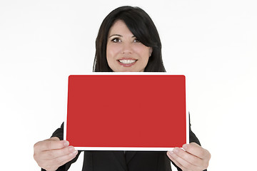 Image showing Female holding a small blank sign