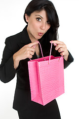 Image showing Expressive woman with shopping bag