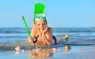 Image showing boy on beach with snorkles