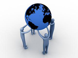 Image showing 3d people holding earth on their hands.