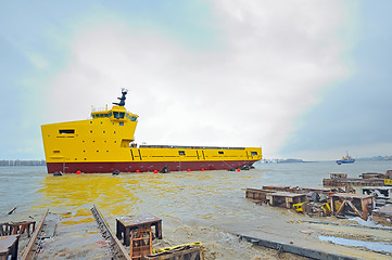 Image showing launching ceremony of a ship in the shipyard