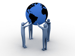 Image showing 3d people holding earth on their hands.