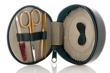 Image showing Small green leather travel care kit