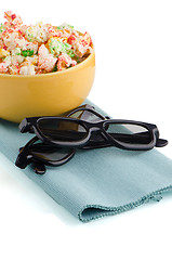 Image showing Bowl of popcorn and 3D movie glasses