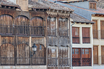 Image showing Buildings facade detail on the medieval town of Penafiel, Spain