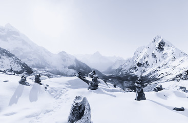 Image showing Cho La pass and snowed peaks at dawn in Himalaya