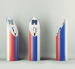 Image showing Eco fuel: three charging stations with Russian flag pattern