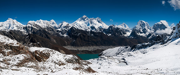 Image showing Panoramic view of Himalaya summits: Everest, Lhotse, Nuptse