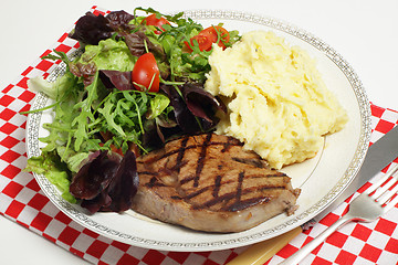 Image showing Ribeye steak with salad and celeriac potatoes