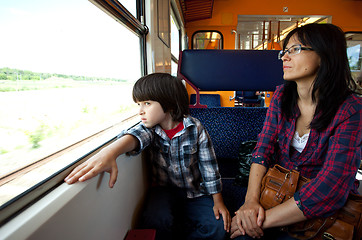 Image showing Mother and son travel in the train