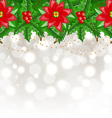 Image showing Christmas glowing background with holly berry and poinsettia