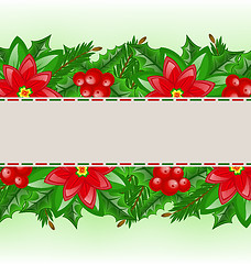 Image showing Christmas card with holly berry and poinsettia