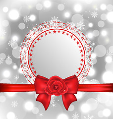 Image showing Christmas snowflake card with gift bow and rose