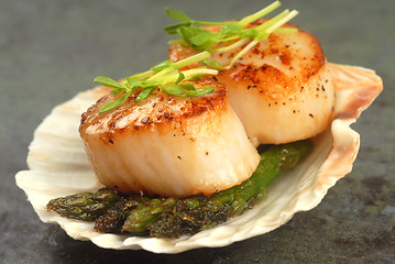 Image showing Sea Scallop with asparagus in a scallop shell