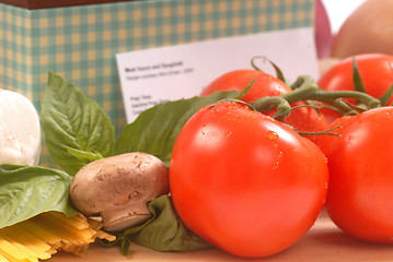 Image showing Recipe box with ingredients for spaghetti