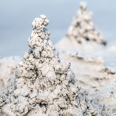 Image showing sand castle structures built at seashore