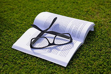 Image showing Glasses on a book outside with grass