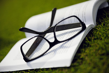 Image showing Glasses on a book outside with grass