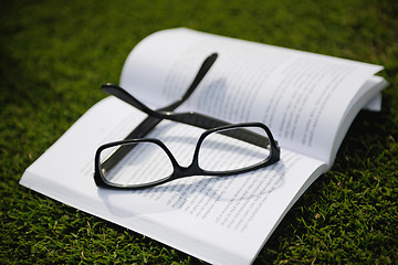 Image showing Glasses on a book outside with grass