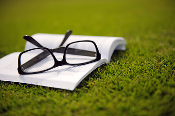 Image showing Glasses on a book outside with grass