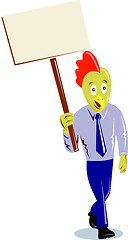 Image showing rooster chicken office worker protesting placard sign