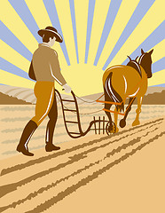 Image showing farmer and horse plowing the farm